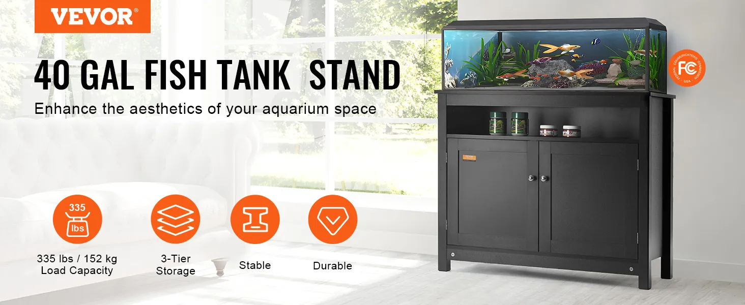 VEVOR aquarium stand for 40-gal fish tank, 3-tier storage, durable, 335 lbs capacity, black cabinet.
