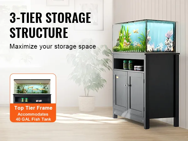 black 3-tier VEVOR aquarium stand with plants and a glass fish tank, maximizes storage space.