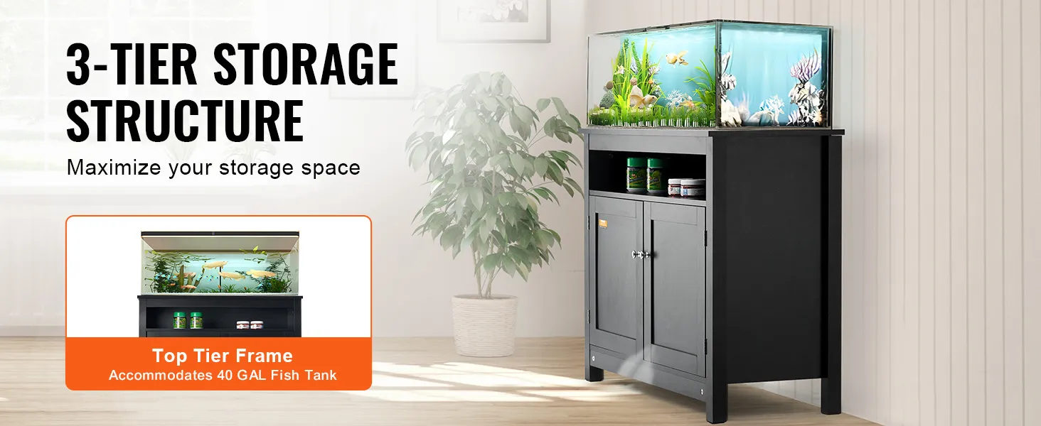 black 3-tier VEVOR aquarium stand with plants and a glass fish tank, maximizes storage space.