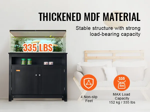 VEVOR aquarium stand with thickened mdf, non-slip feet, supports 335 lbs; placed near a sofa.