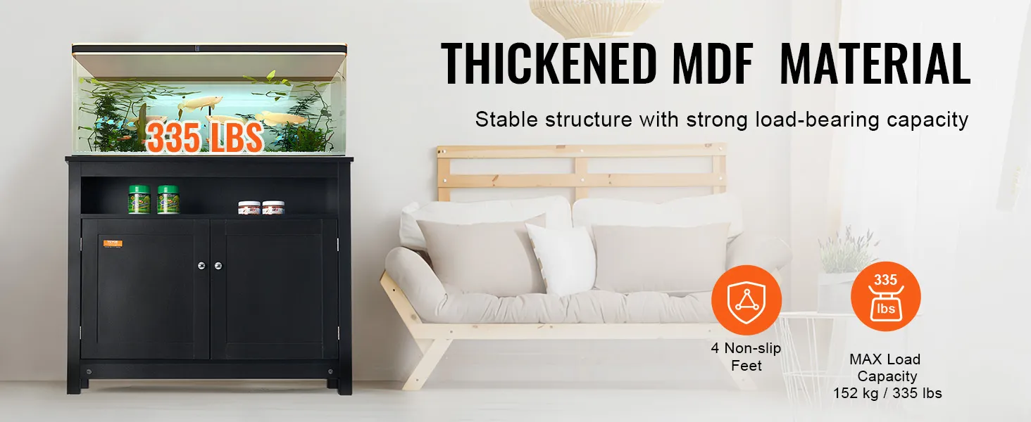 VEVOR aquarium stand with thickened mdf, non-slip feet, supports 335 lbs; placed near a sofa.