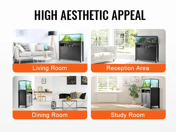 VEVOR aquarium stand in living room, reception area, dining room, and study room settings.