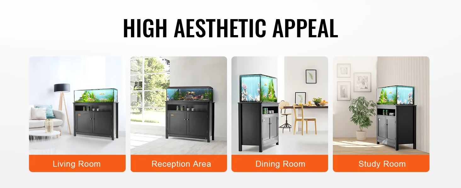 VEVOR aquarium stand in living room, reception area, dining room, and study room settings.