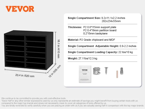 VEVOR wood literature organizer dimensions and specs; 16.1x20.4x12 inches, adjustable height, 27.11 lbs.