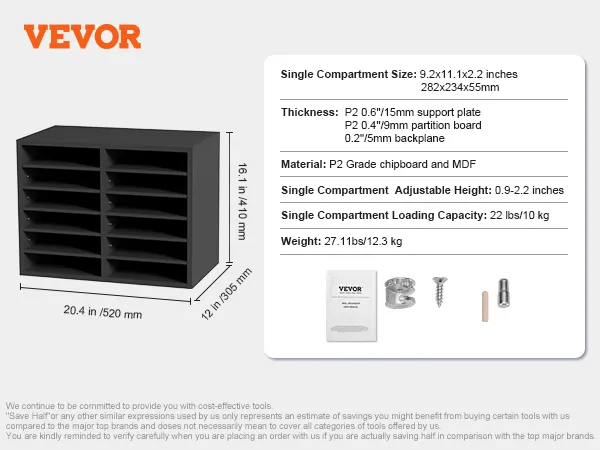 VEVOR literature organizers: black p2 grade chipboard with adjustable compartments and assembly parts.