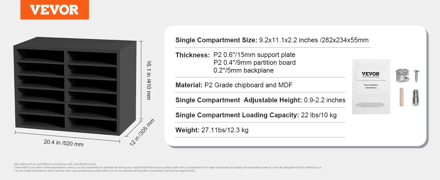 VEVOR literature organizers: black p2 grade chipboard with adjustable compartments and assembly parts.