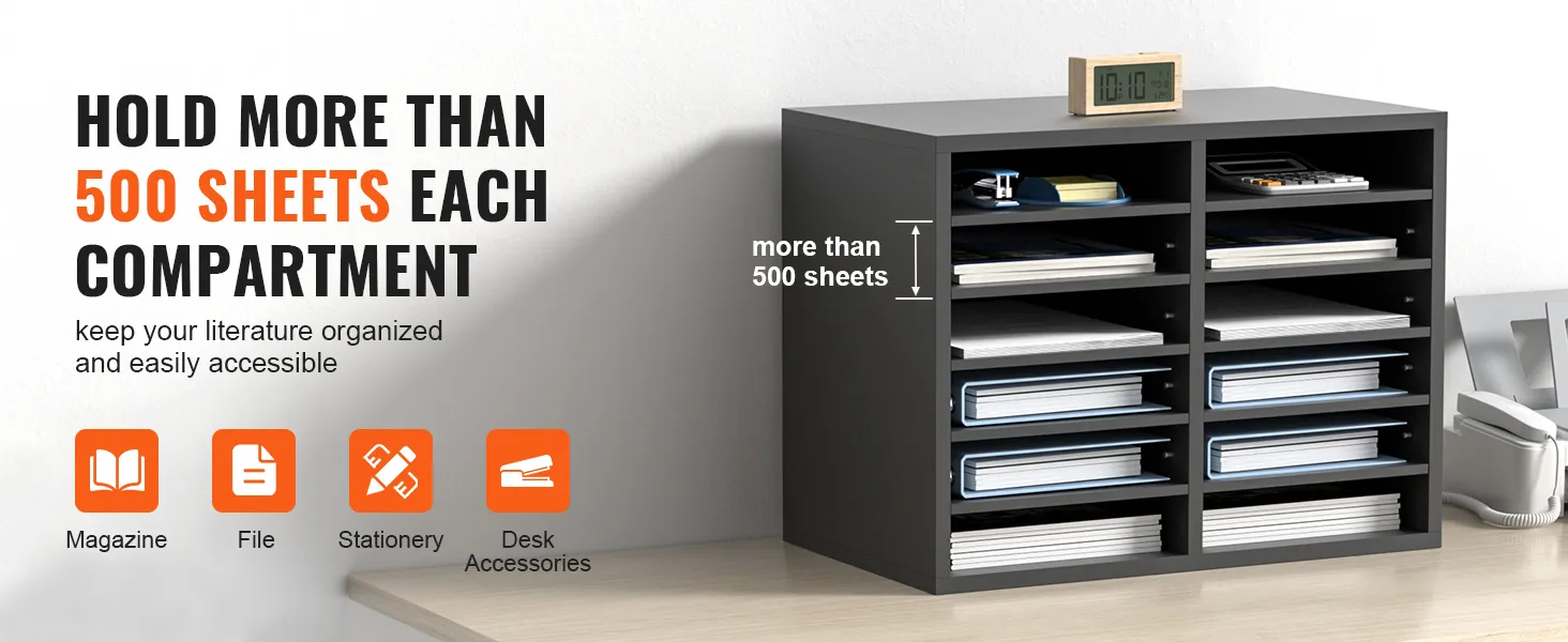 VEVOR literature organizers with 8 compartments, each holding over 500 sheets, on office desk.
