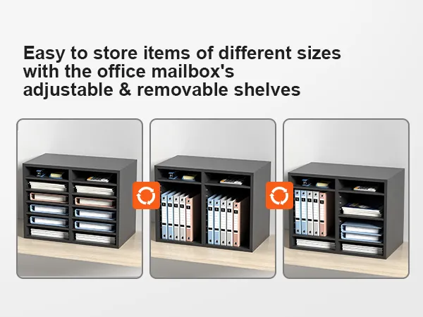 black VEVOR literature organizers with adjustable shelves holding various files and office supplies.