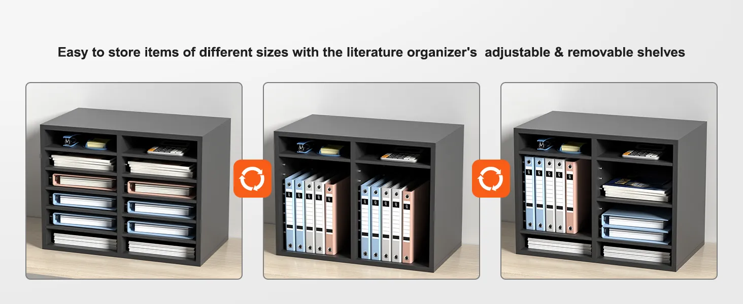 black VEVOR literature organizers with adjustable shelves holding various files and office supplies.