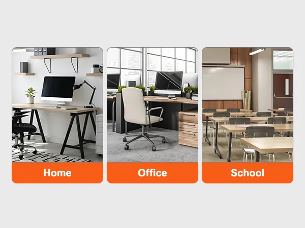 home office with desk, office with workstations, classroom; showcasing VEVOR literature organizers.