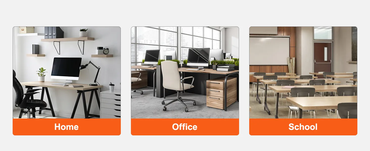 home office with desk, office with workstations, classroom; showcasing VEVOR literature organizers.
