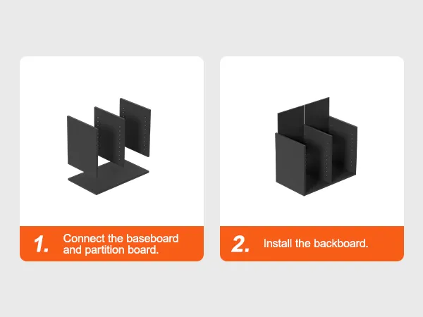 assembly steps for VEVOR literature organizers: 1. connect baseboard and partition. 2. install backboard.