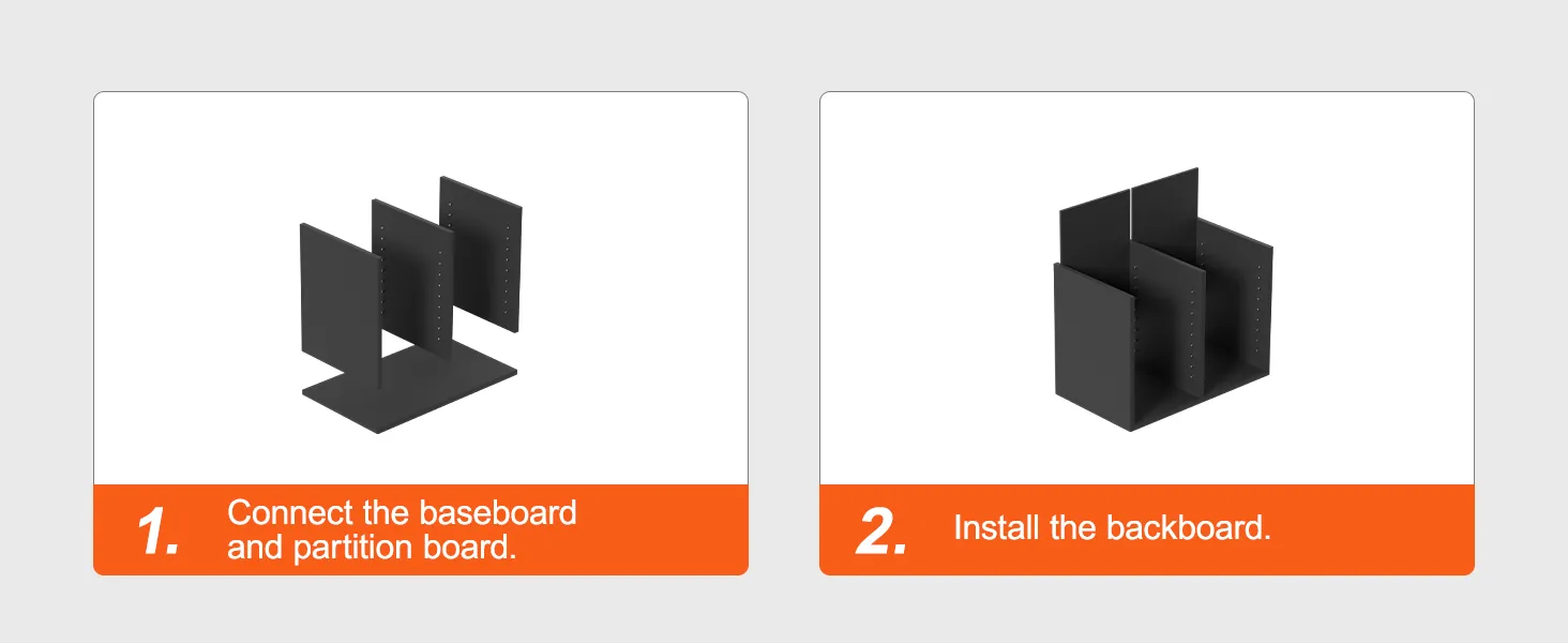 assembly steps for VEVOR literature organizers: 1. connect baseboard and partition. 2. install backboard.