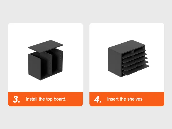 step 3: install the top board; step 4: insert the shelves for VEVOR literature organizers.