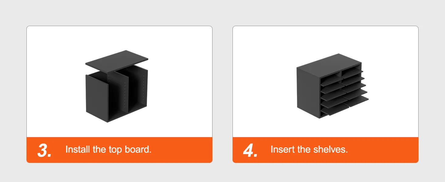 step 3: install the top board; step 4: insert the shelves for VEVOR literature organizers.
