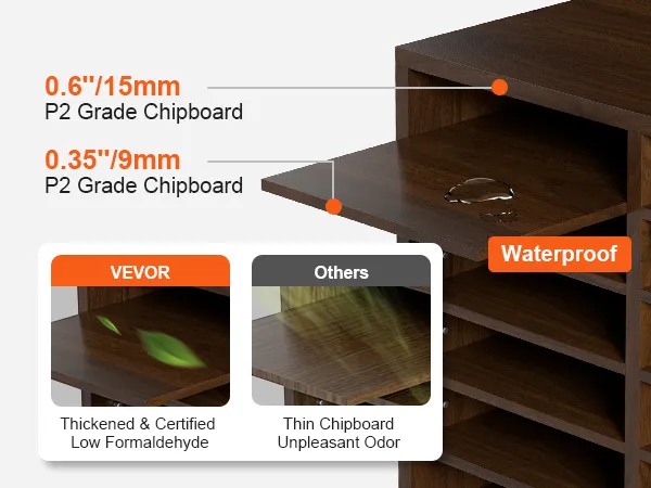 VEVOR literature organizers with 0.6" p2 grade chipboard, waterproof feature, and low formaldehyde content.