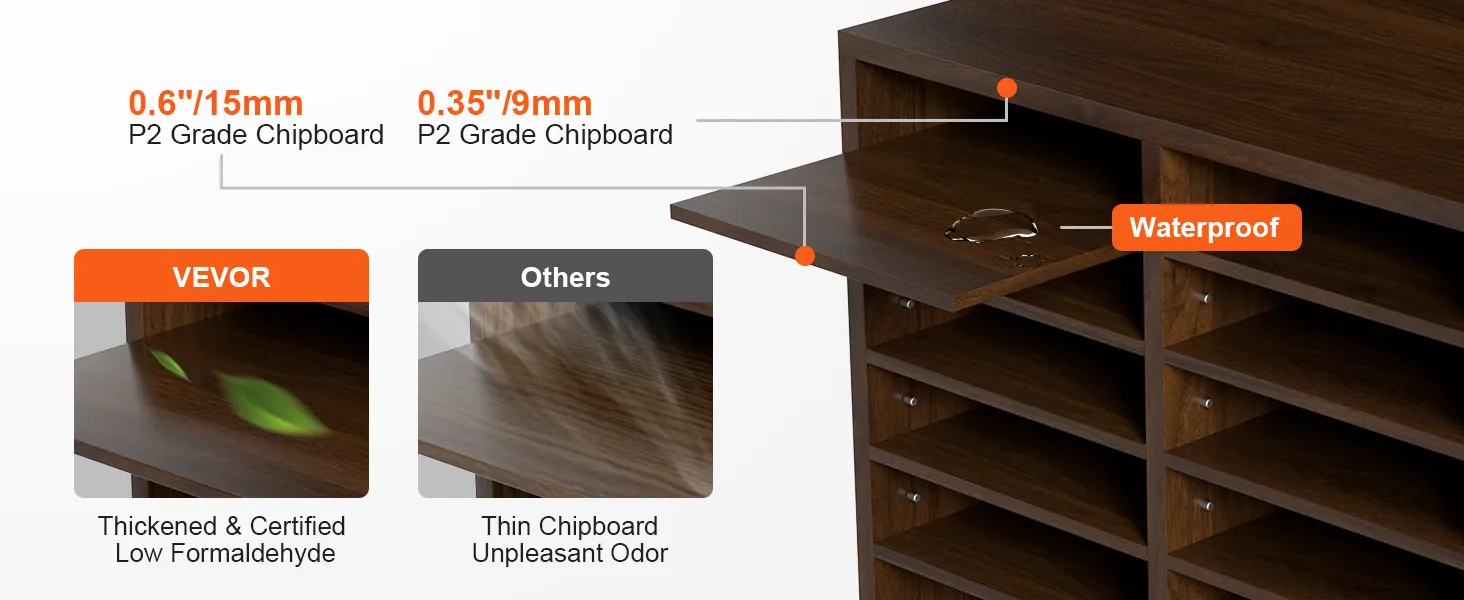 VEVOR literature organizers with 0.6" p2 grade chipboard, waterproof feature, and low formaldehyde content.