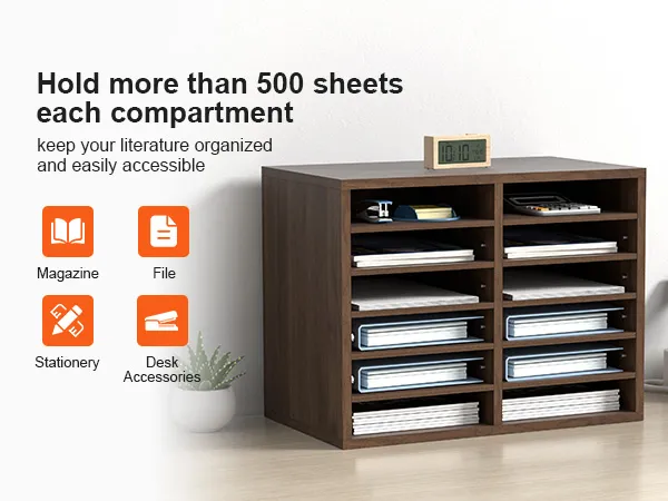 VEVOR literature organizers with multiple compartments holding over 500 sheets, ideal for office storage.