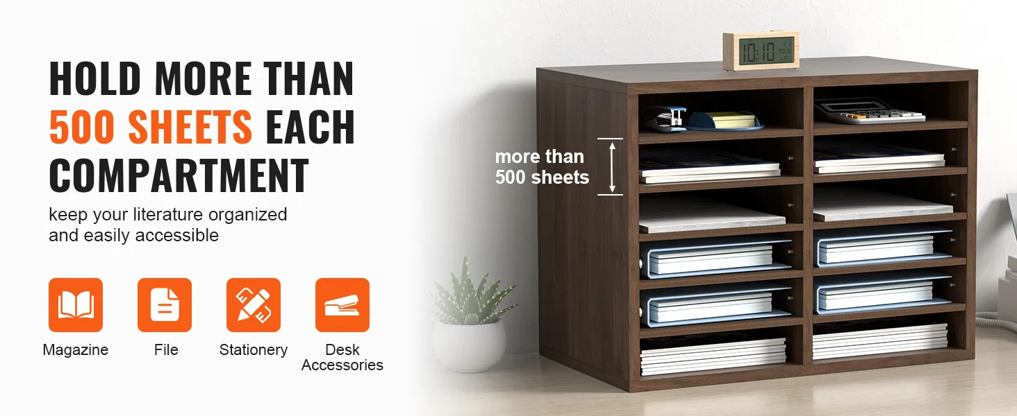 VEVOR literature organizers with multiple compartments holding over 500 sheets, ideal for office storage.