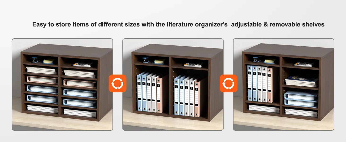 VEVOR literature organizers with adjustable and removable shelves for storing different sized items.