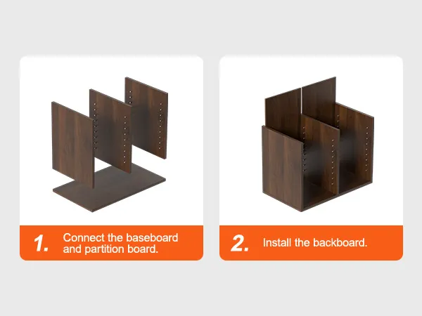 assembling VEVOR literature organizers: step 1, connect baseboard and partition; step 2, install backboard.