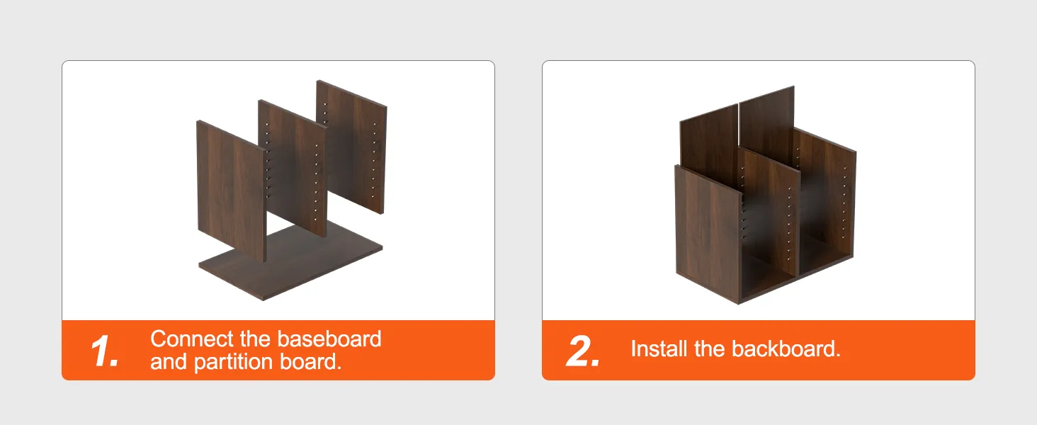 assembling VEVOR literature organizers: step 1, connect baseboard and partition; step 2, install backboard.