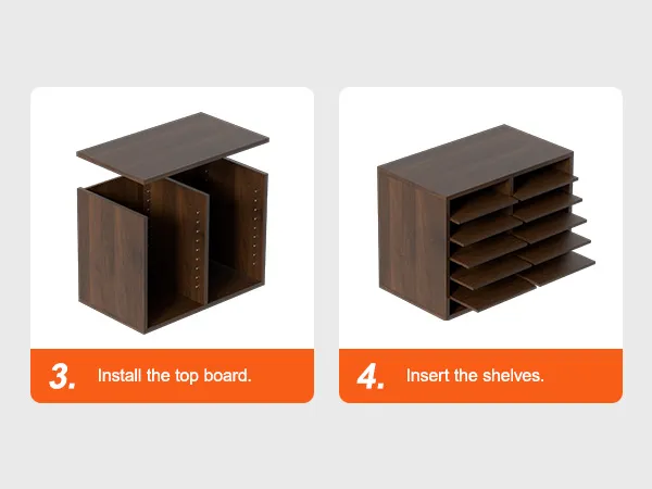 VEVOR literature organizers assembly steps: top board installation, shelf insertion.