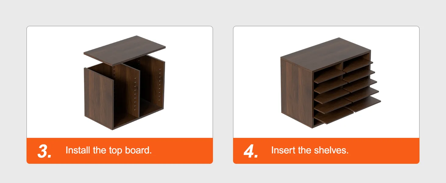 VEVOR literature organizers assembly steps: top board installation, shelf insertion.