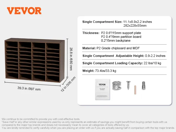 VEVOR literature organizers, dimensions 39.3x12x26.8 inches, made from p2 chipboard and mdf with adjustable shelves.
