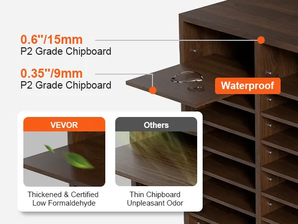 VEVOR literature organizers showing 0.6"/15mm p2 grade chipboard, thicker and waterproof.