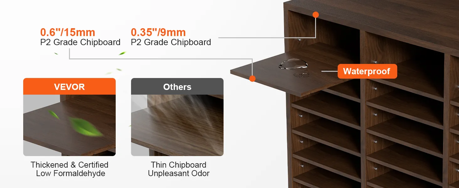 VEVOR literature organizers showing 0.6"/15mm p2 grade chipboard, thicker and waterproof.