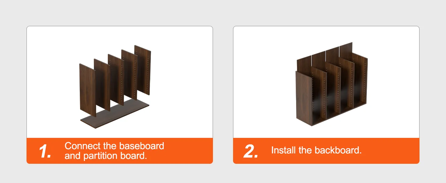 step-by-step assembly of VEVOR literature organizers: connect baseboard and partitions, install backboard.