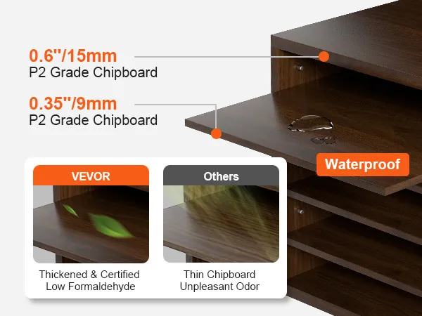 VEVOR literature organizers, thick p2 grade chipboard, waterproof, low formaldehyde, and strong build.