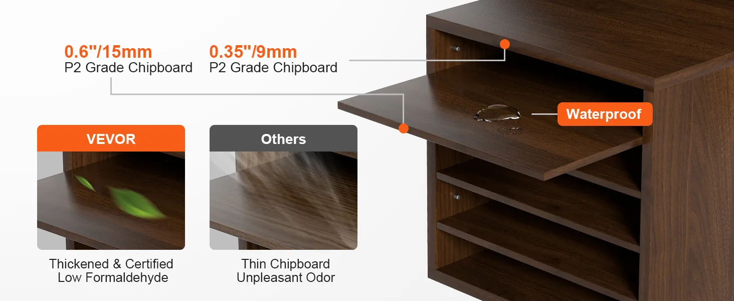 VEVOR literature organizers, thick p2 grade chipboard, waterproof, low formaldehyde, and strong build.