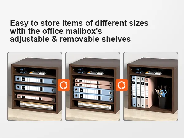 VEVOR literature organizers with adjustable shelves storing binders, office supplies, and folders.