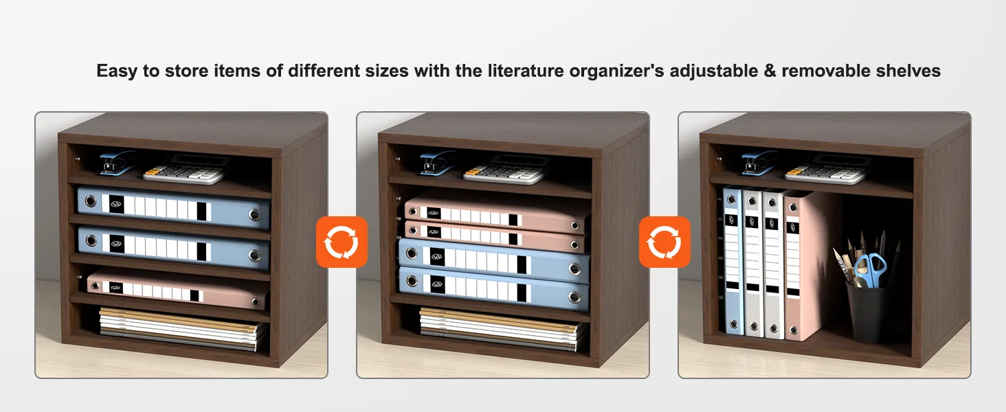VEVOR literature organizers with adjustable shelves storing binders, office supplies, and folders.