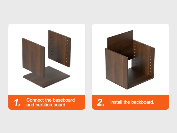 assembly steps for VEVOR literature organizers: connect baseboard and partition, install backboard.