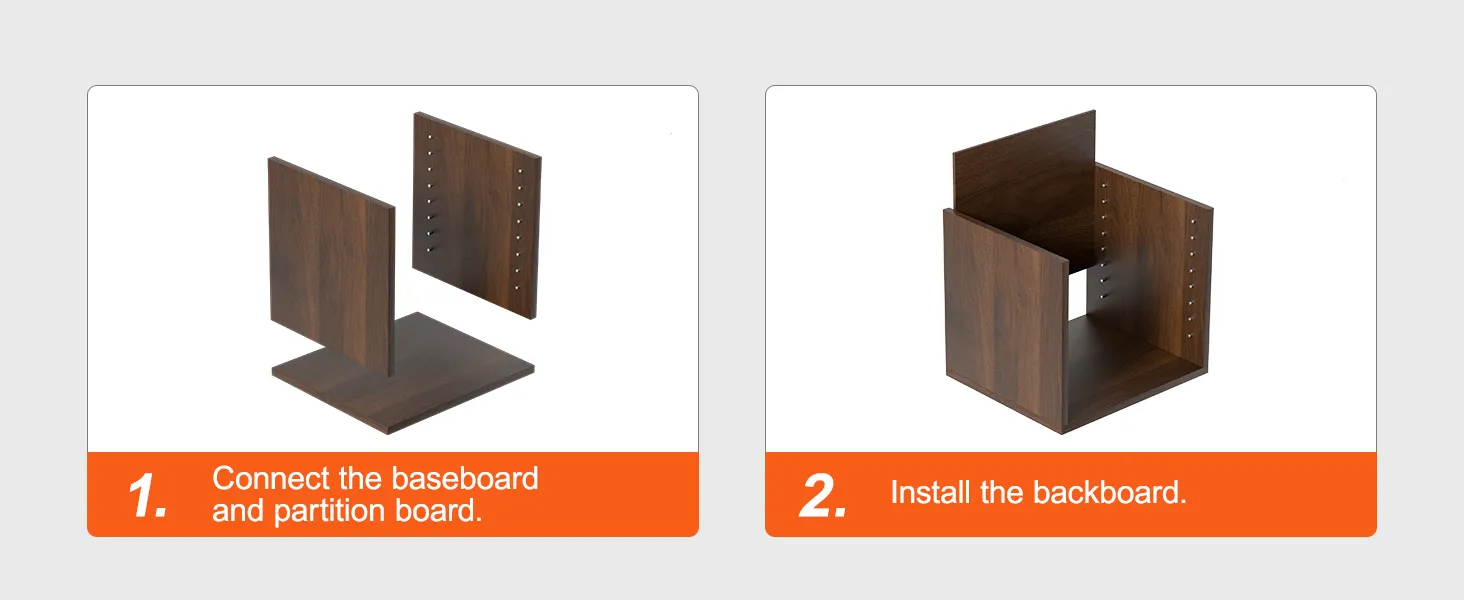 assembly steps for VEVOR literature organizers: connect baseboard and partition, install backboard.