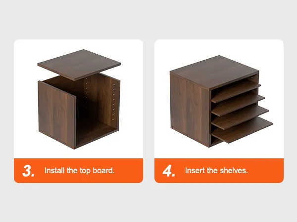 step 3 and 4 assembly of VEVOR literature organizers: installing top board and inserting shelves.