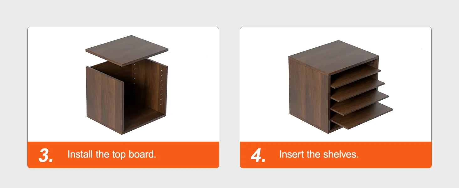 step 3 and 4 assembly of VEVOR literature organizers: installing top board and inserting shelves.