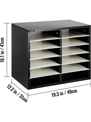 VEVOR Literatur-Organizer, schwarzes Holz, 12 Fächer, 16,1 x 19,3 x 12,2 Zoll, mit beschrifteten Abmessungen.