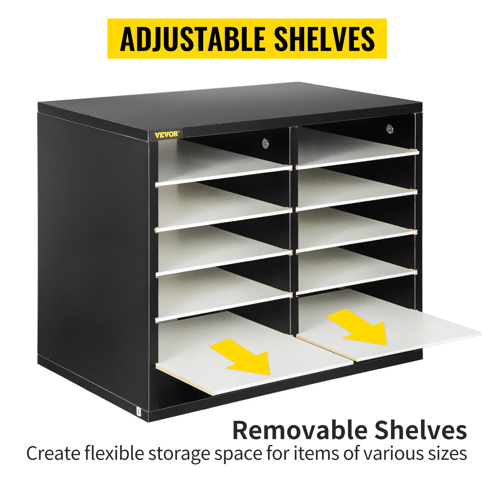 VEVOR-Literatur-Organizer mit verstellbaren, herausnehmbaren Regalen zur flexiblen Aufbewahrung verschiedener Gegenstände.