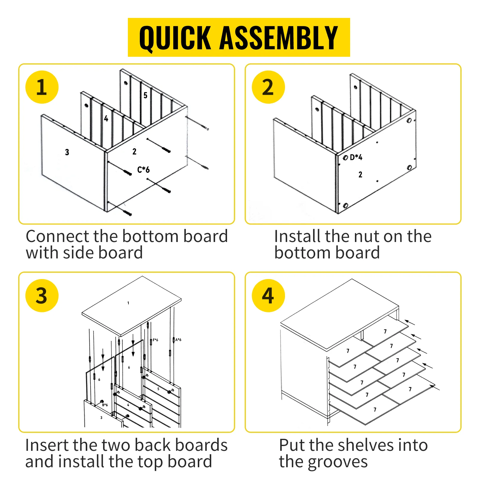Kurzanleitung zur Montage des VEVOR-Literaturorganizers in 4 Schritten: Bretter verbinden, Muttern anbringen, Rückwände einsetzen und Regale aufstellen.