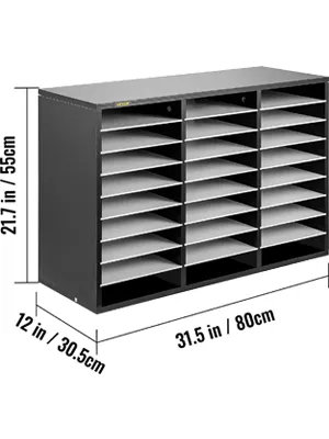 Organizador de literatura de madera VEVOR negro con 24 ranuras y dimensiones indicadas como 31,5 x 12 x 21,7 pulgadas.