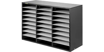 Organizador de literatura de madera VEVOR con 24 ranuras en acabado negro, ideal para almacenamiento en oficinas y aulas.