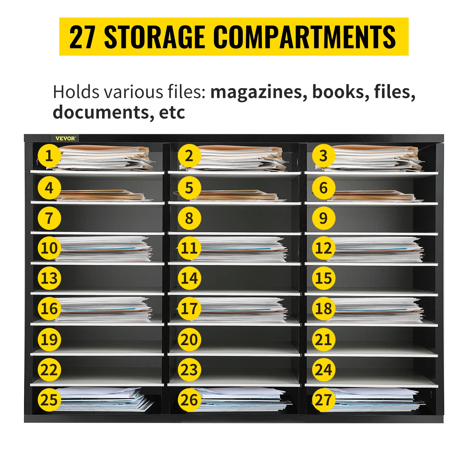 Organizador de literatura de madera VEVOR con 27 compartimentos de almacenamiento para revistas, libros, archivos, documentos.