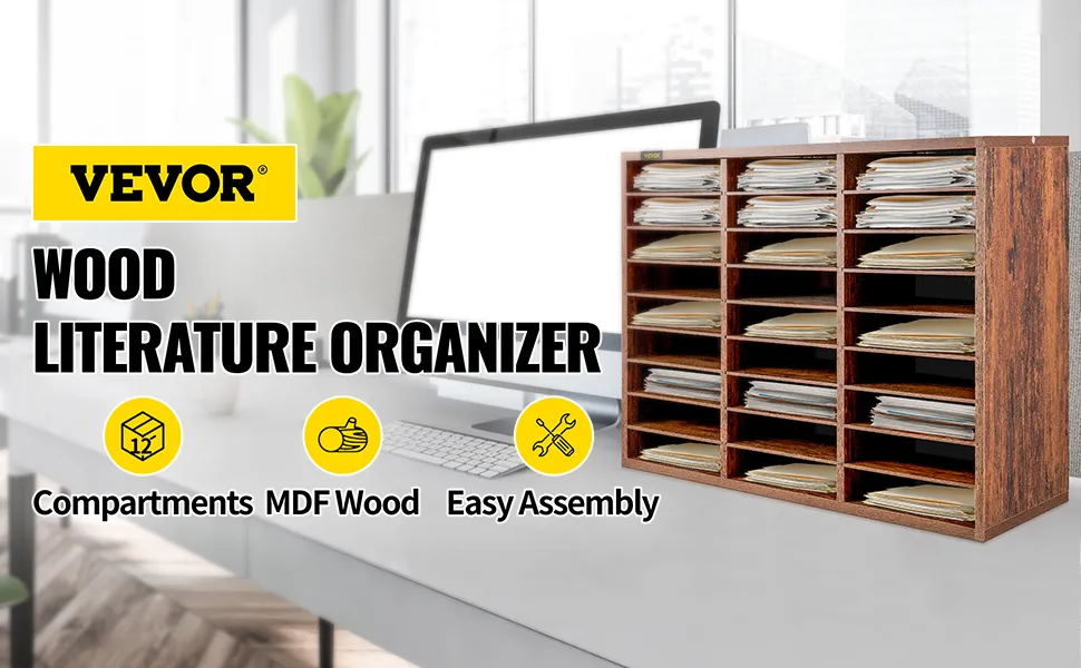 Organizador de literatura de madera VEVOR con compartimentos, madera MDF y fácil montaje en un entorno de oficina moderno.
