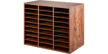 Organizador de literatura de madera VEVOR con 24 ranuras, acabado en un tono de madera natural pulida.