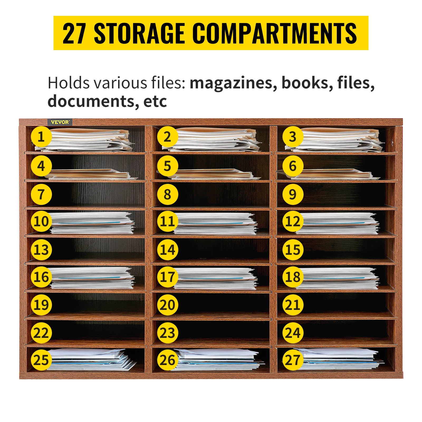 Organizador de literatura de madera VEVOR con 27 compartimentos de almacenamiento etiquetados para archivos, documentos y revistas.