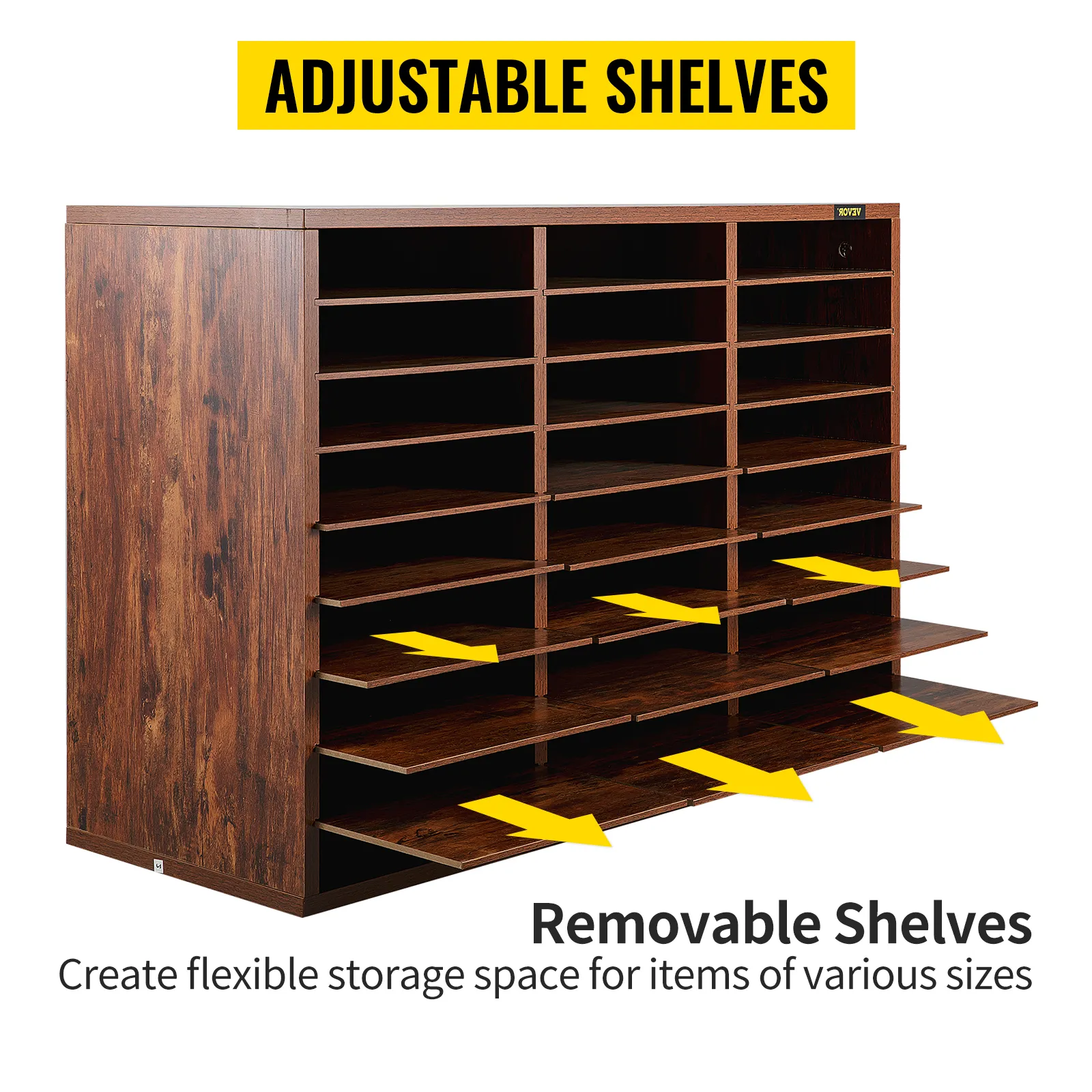 Organizador de literatura de madera VEVOR con estantes ajustables y extraíbles, que proporciona soluciones de almacenamiento flexibles.